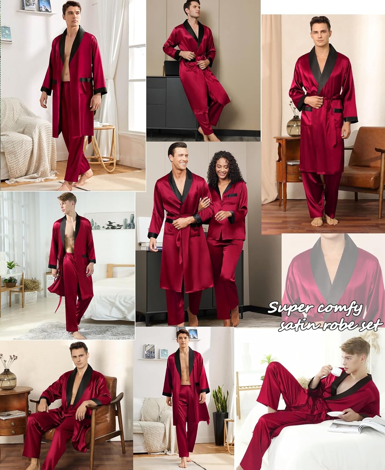 image:imageSWOMOG Mens Satin Robe with Pants Set Silky Kimono Bathrobe Lightweight Soft Sleepwear LoungewearDark Wine Red