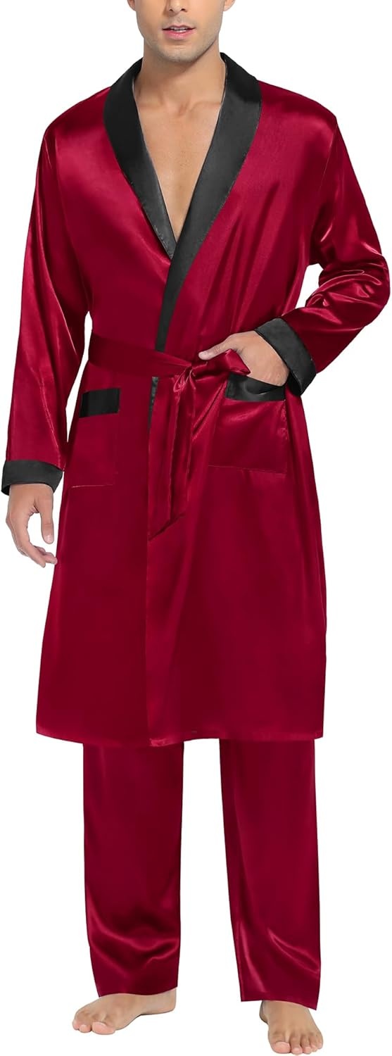 image:imageSWOMOG Mens Satin Robe with Pants Set Silky Kimono Bathrobe Lightweight Soft Sleepwear LoungewearDark Wine Red