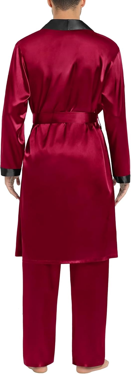image:imageSWOMOG Mens Satin Robe with Pants Set Silky Kimono Bathrobe Lightweight Soft Sleepwear LoungewearDark Wine Red