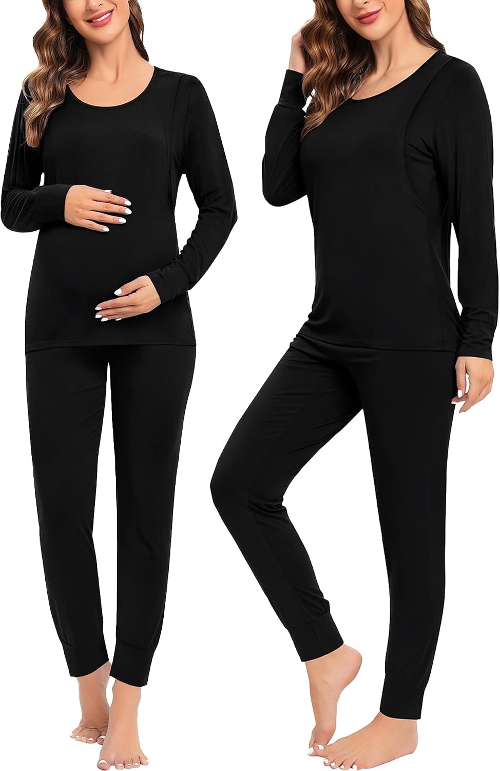 image:imageSWOMOG Women Maternity amp Nursing Thermal Underwear Set Postpartum Pajamas Breastfeeding Long Sleeve Base Layer Pregnant PjsBlack