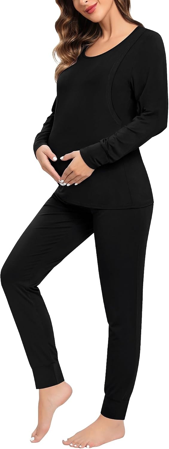 image:imageSWOMOG Women Maternity amp Nursing Thermal Underwear Set Postpartum Pajamas Breastfeeding Long Sleeve Base Layer Pregnant PjsBlack
