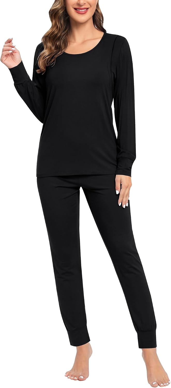 image:imageSWOMOG Women Maternity amp Nursing Thermal Underwear Set Postpartum Pajamas Breastfeeding Long Sleeve Base Layer Pregnant PjsBlack