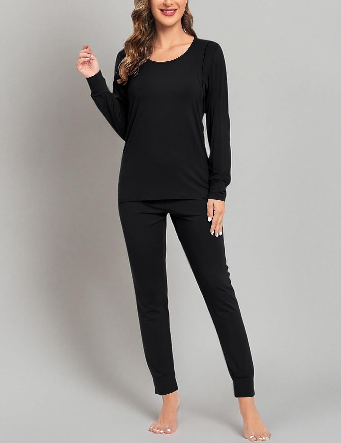 image:imageSWOMOG Women Maternity amp Nursing Thermal Underwear Set Postpartum Pajamas Breastfeeding Long Sleeve Base Layer Pregnant PjsBlack
