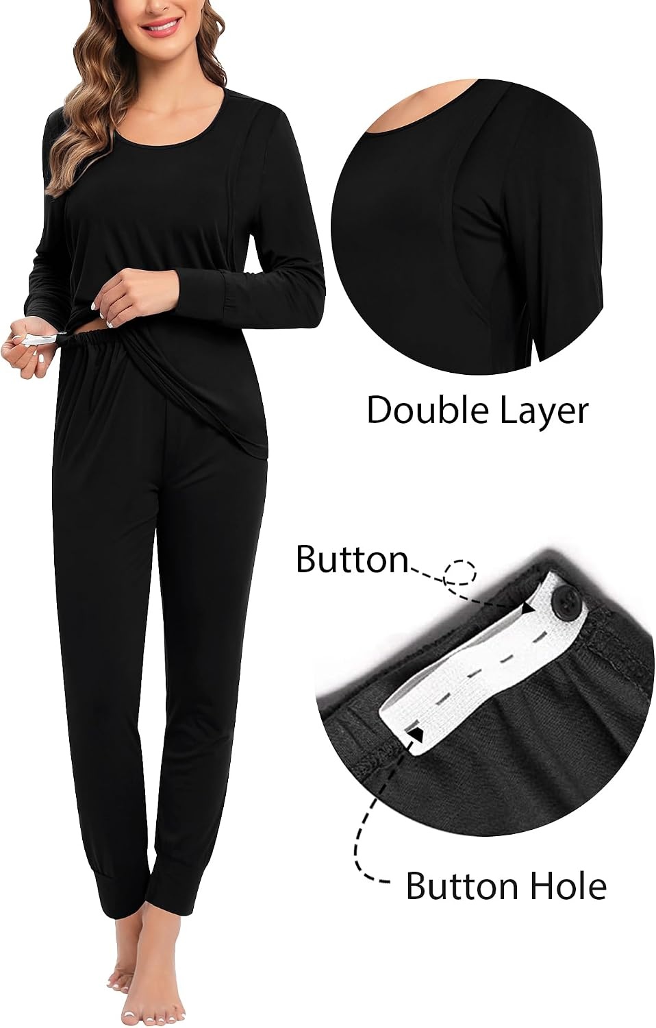 image:imageSWOMOG Women Maternity amp Nursing Thermal Underwear Set Postpartum Pajamas Breastfeeding Long Sleeve Base Layer Pregnant PjsBlack