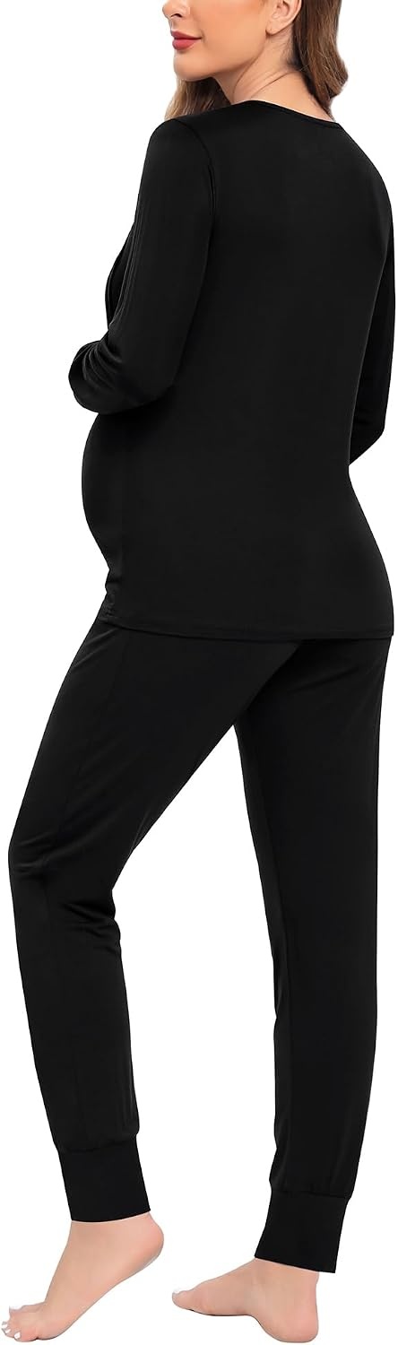 image:imageSWOMOG Women Maternity amp Nursing Thermal Underwear Set Postpartum Pajamas Breastfeeding Long Sleeve Base Layer Pregnant PjsBlack