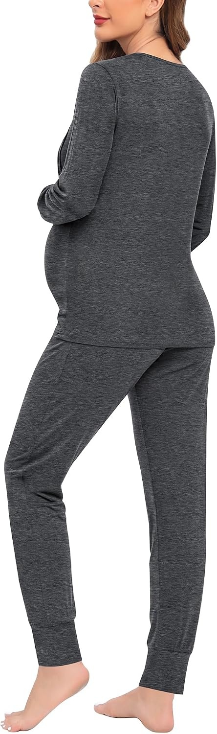image:imageSWOMOG Women Maternity amp Nursing Thermal Underwear Set Postpartum Pajamas Breastfeeding Long Sleeve Base Layer Pregnant PjsDeep Grey