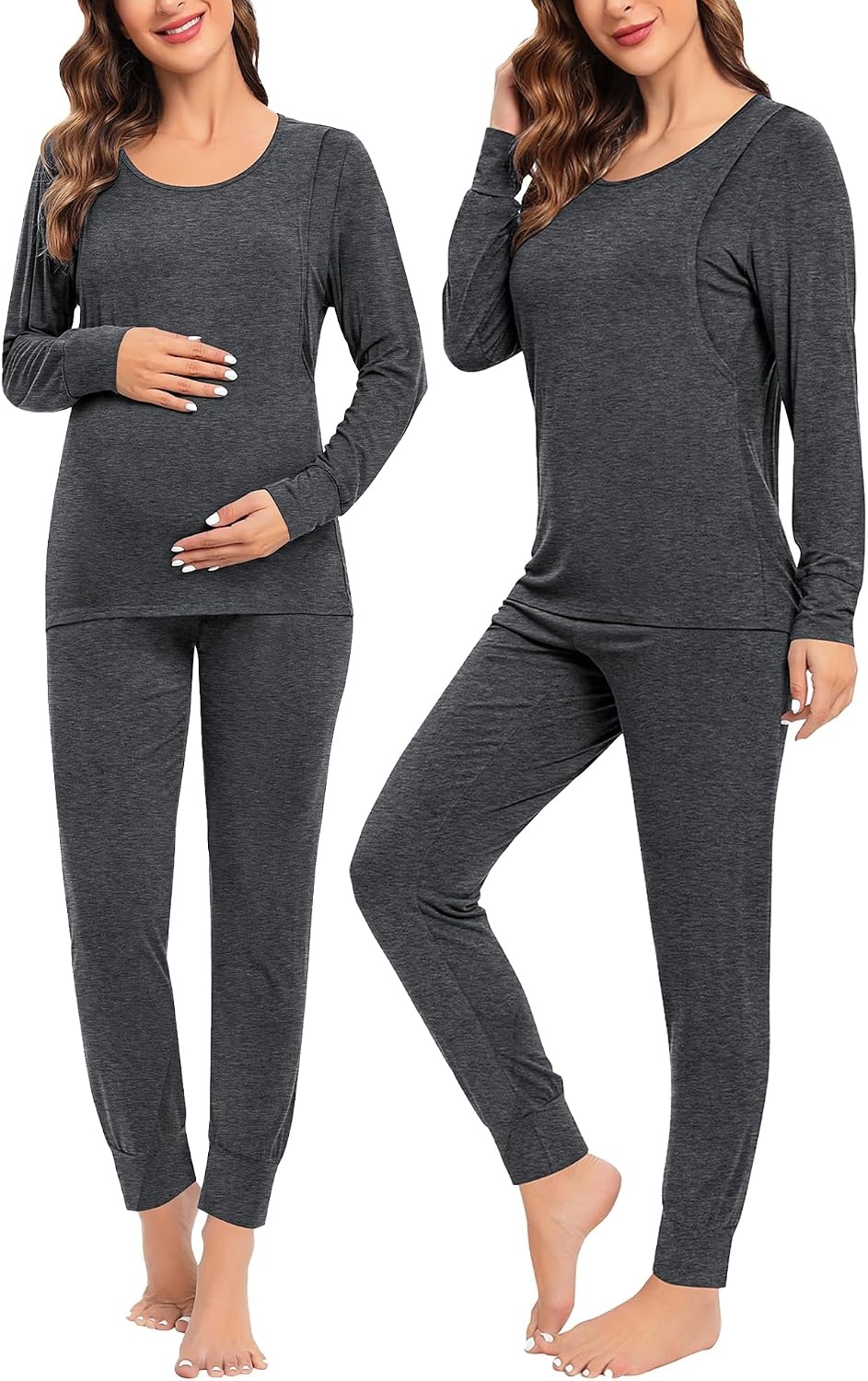 image:imageSWOMOG Women Maternity amp Nursing Thermal Underwear Set Postpartum Pajamas Breastfeeding Long Sleeve Base Layer Pregnant PjsDeep Grey