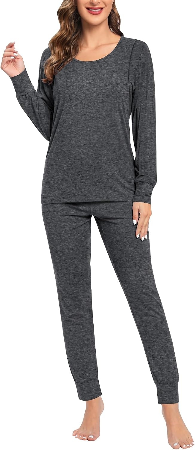 image:imageSWOMOG Women Maternity amp Nursing Thermal Underwear Set Postpartum Pajamas Breastfeeding Long Sleeve Base Layer Pregnant PjsDeep Grey