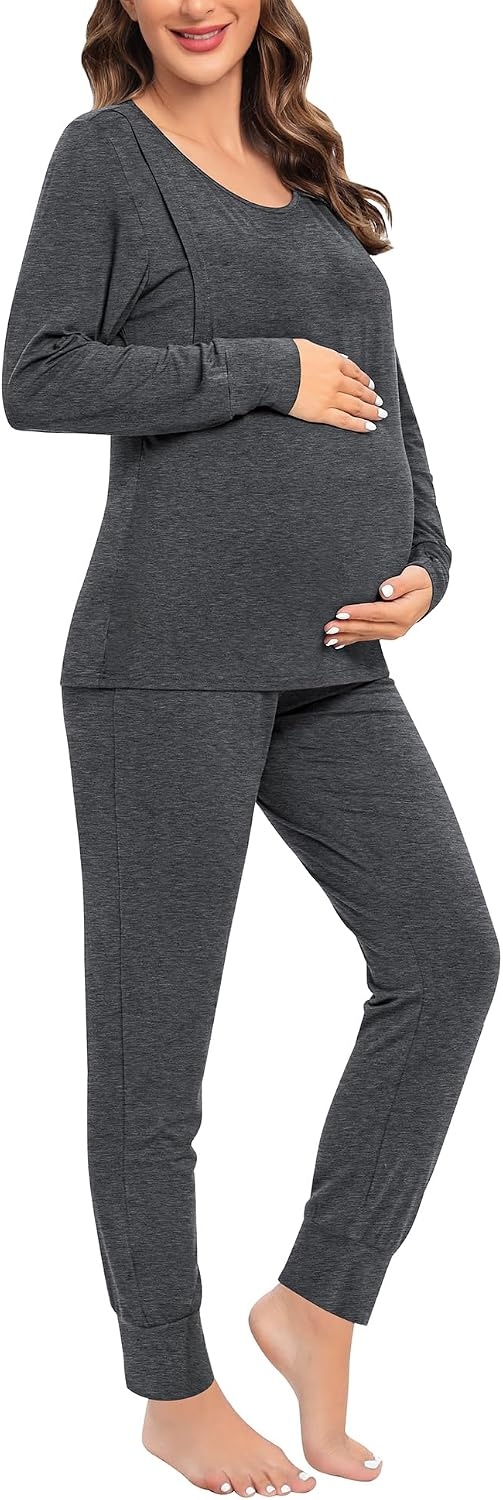 image:imageSWOMOG Women Maternity amp Nursing Thermal Underwear Set Postpartum Pajamas Breastfeeding Long Sleeve Base Layer Pregnant PjsDeep Grey