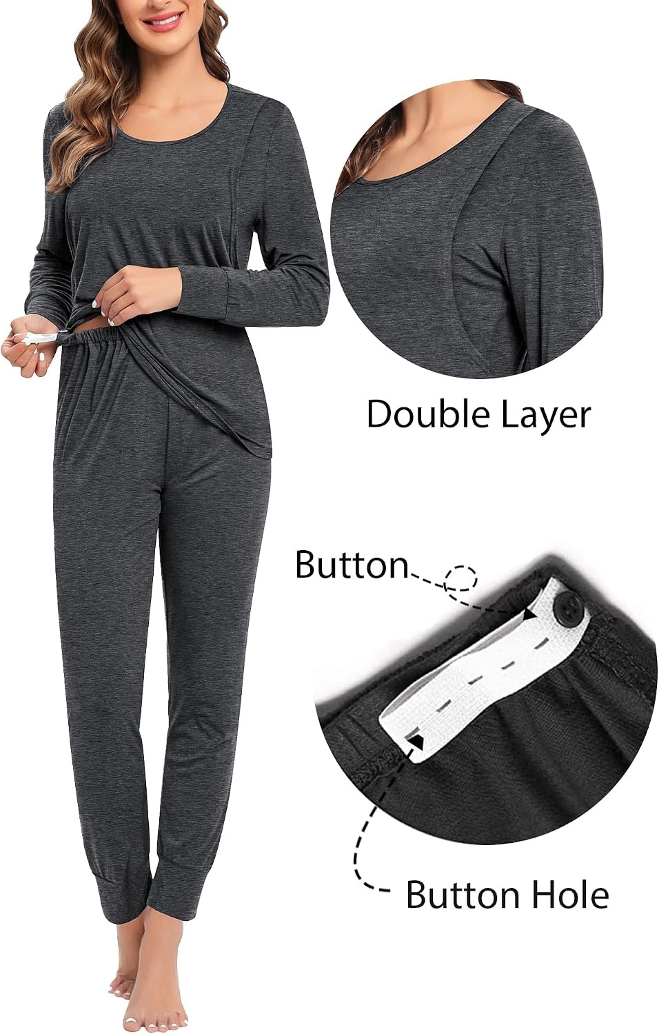 image:imageSWOMOG Women Maternity amp Nursing Thermal Underwear Set Postpartum Pajamas Breastfeeding Long Sleeve Base Layer Pregnant PjsDeep Grey