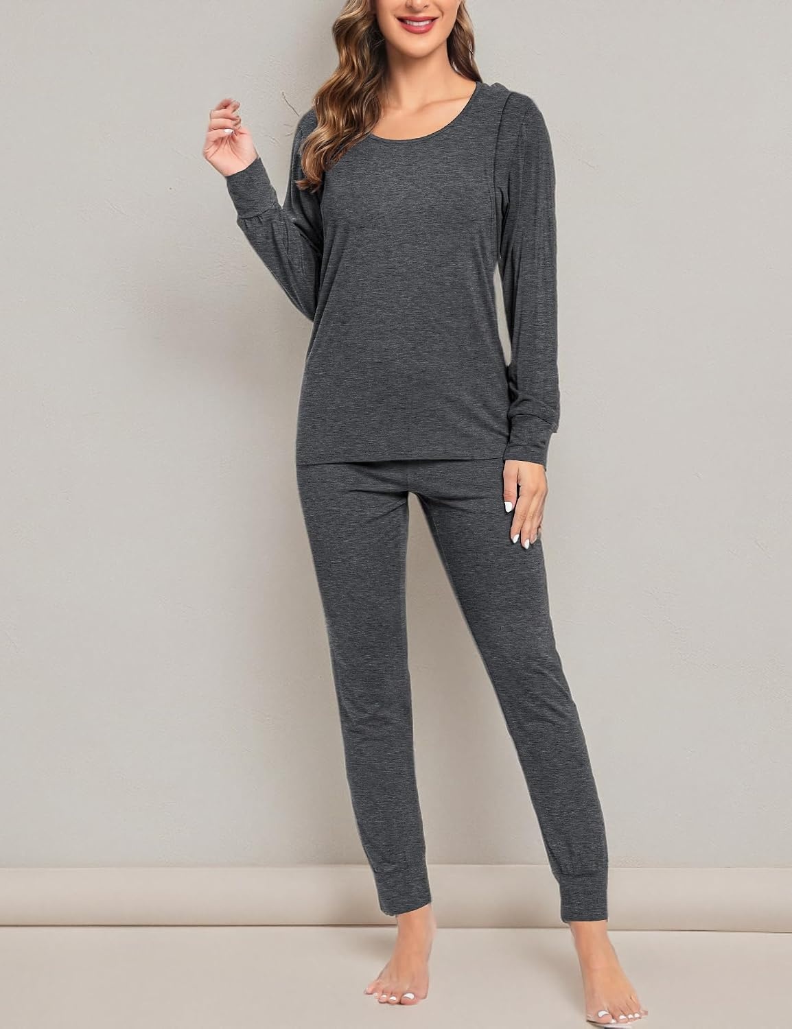 image:imageSWOMOG Women Maternity amp Nursing Thermal Underwear Set Postpartum Pajamas Breastfeeding Long Sleeve Base Layer Pregnant PjsDeep Grey