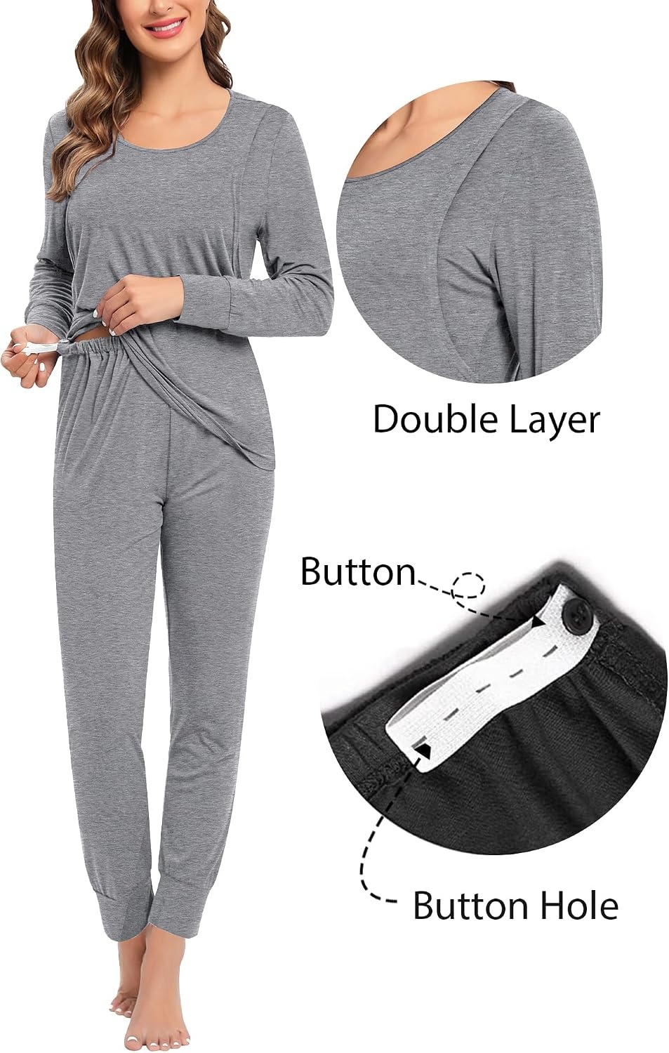 image:imageSWOMOG Women Maternity amp Nursing Thermal Underwear Set Postpartum Pajamas Breastfeeding Long Sleeve Base Layer Pregnant PjsGrey