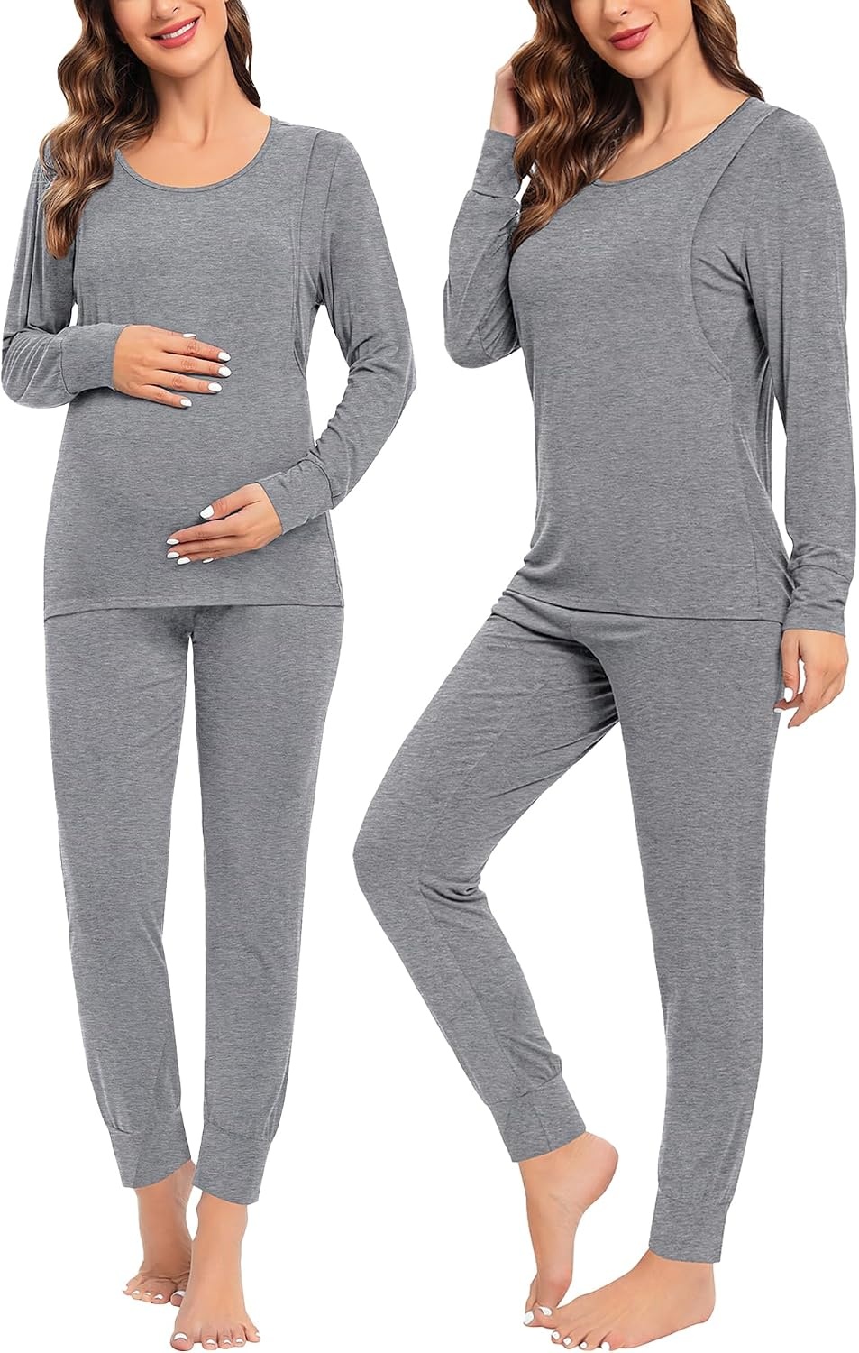 image:imageSWOMOG Women Maternity amp Nursing Thermal Underwear Set Postpartum Pajamas Breastfeeding Long Sleeve Base Layer Pregnant PjsGrey