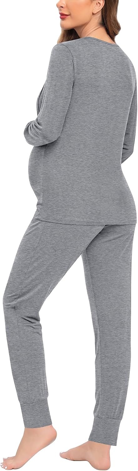 image:imageSWOMOG Women Maternity amp Nursing Thermal Underwear Set Postpartum Pajamas Breastfeeding Long Sleeve Base Layer Pregnant PjsGrey