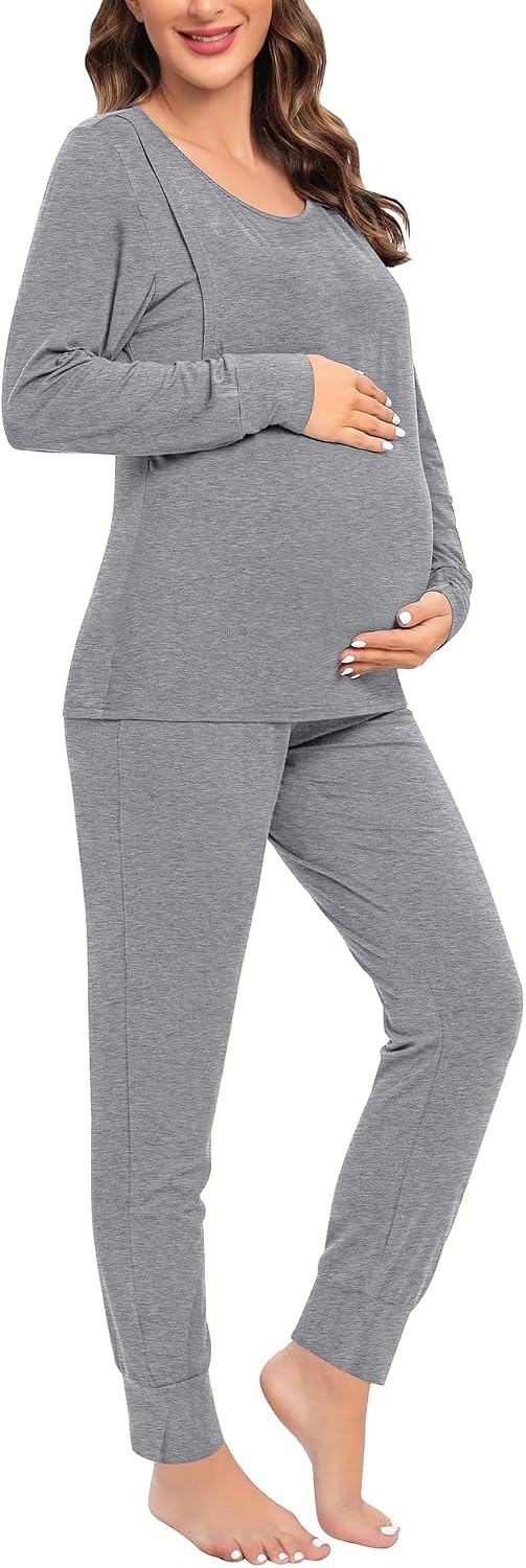 image:imageSWOMOG Women Maternity amp Nursing Thermal Underwear Set Postpartum Pajamas Breastfeeding Long Sleeve Base Layer Pregnant PjsGrey