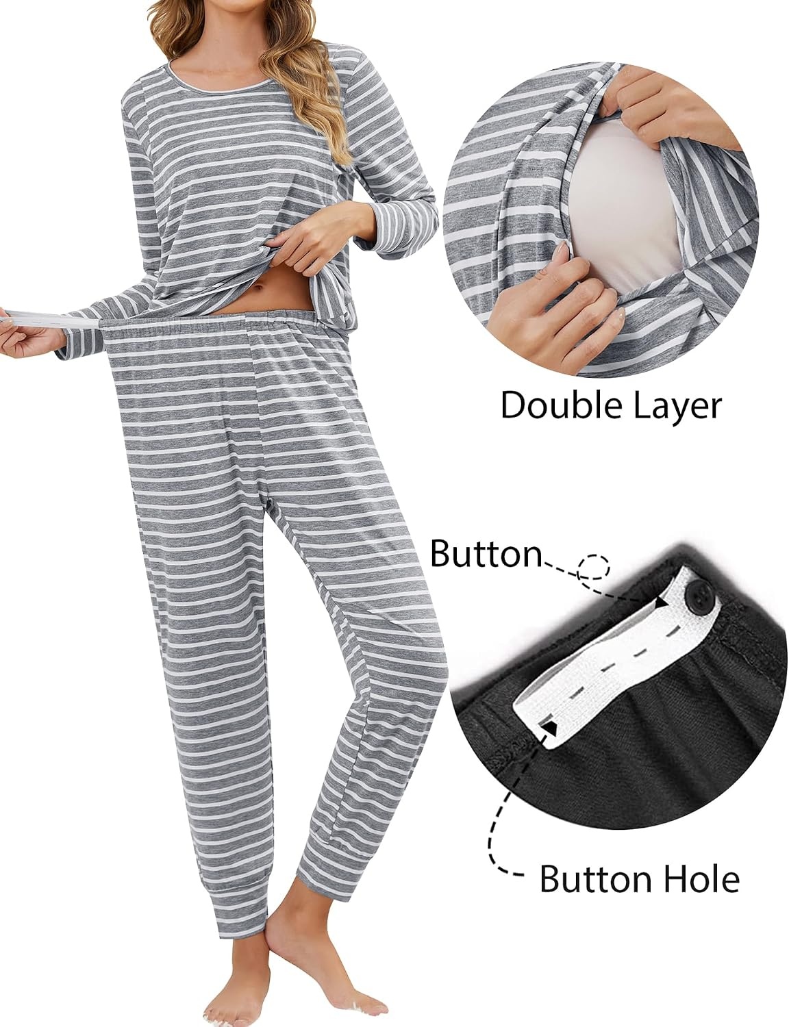 image:imageSWOMOG Women Maternity amp Nursing Thermal Underwear Set Postpartum Pajamas Breastfeeding Long Sleeve Base Layer Pregnant PjsGrey Stripe