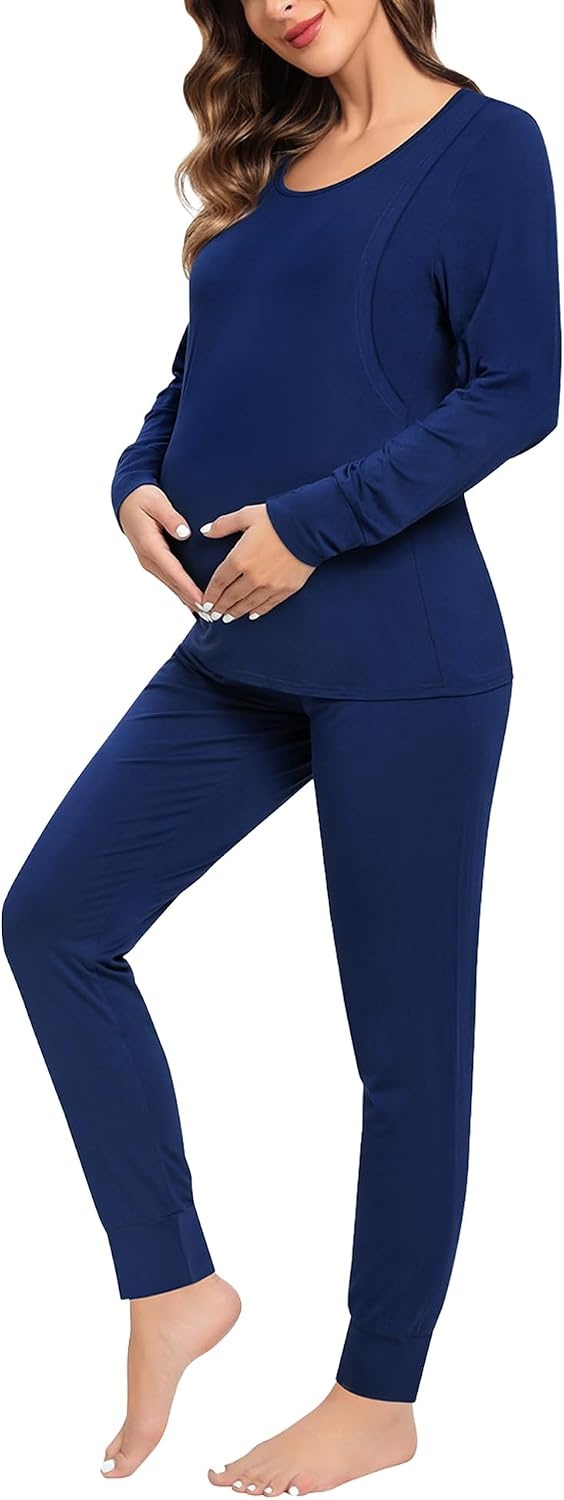 image:imageSWOMOG Women Maternity amp Nursing Thermal Underwear Set Postpartum Pajamas Breastfeeding Long Sleeve Base Layer Pregnant PjsNavy Blue