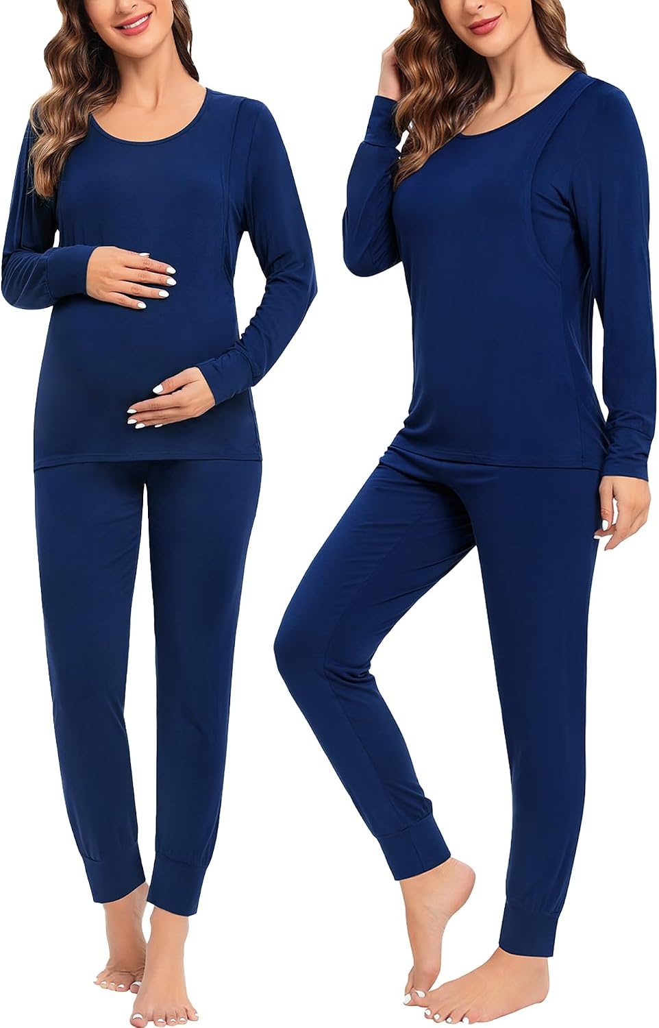 image:imageSWOMOG Women Maternity amp Nursing Thermal Underwear Set Postpartum Pajamas Breastfeeding Long Sleeve Base Layer Pregnant PjsNavy Blue