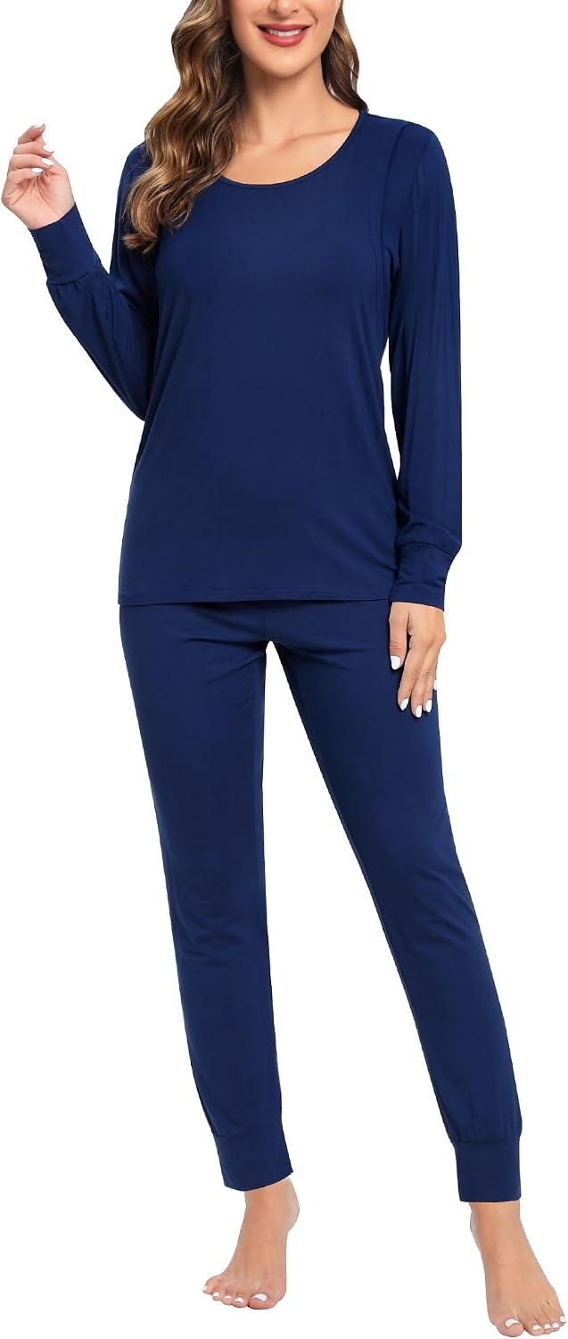 image:imageSWOMOG Women Maternity amp Nursing Thermal Underwear Set Postpartum Pajamas Breastfeeding Long Sleeve Base Layer Pregnant PjsNavy Blue