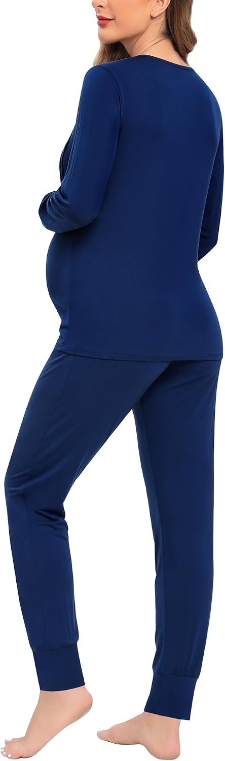 image:imageSWOMOG Women Maternity amp Nursing Thermal Underwear Set Postpartum Pajamas Breastfeeding Long Sleeve Base Layer Pregnant PjsNavy Blue