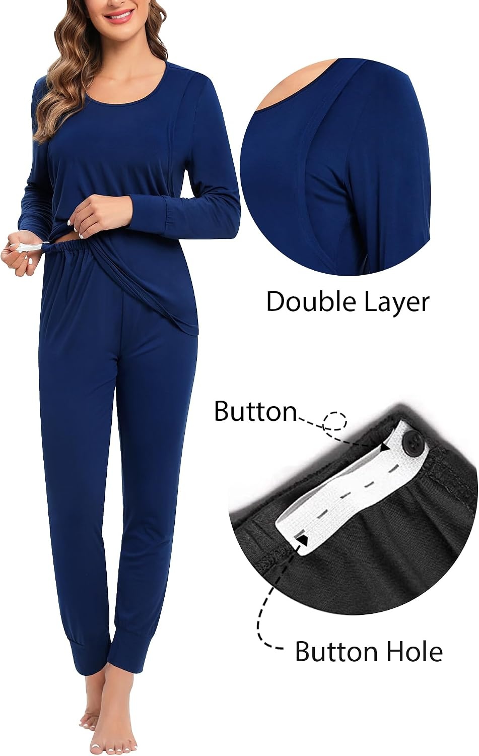 image:imageSWOMOG Women Maternity amp Nursing Thermal Underwear Set Postpartum Pajamas Breastfeeding Long Sleeve Base Layer Pregnant PjsNavy Blue