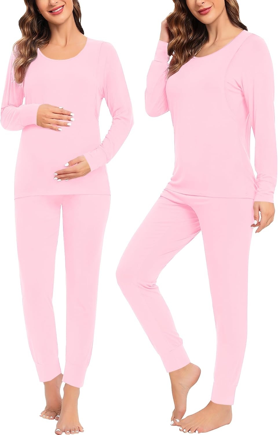 image:imageSWOMOG Women Maternity amp Nursing Thermal Underwear Set Postpartum Pajamas Breastfeeding Long Sleeve Base Layer Pregnant PjsPink