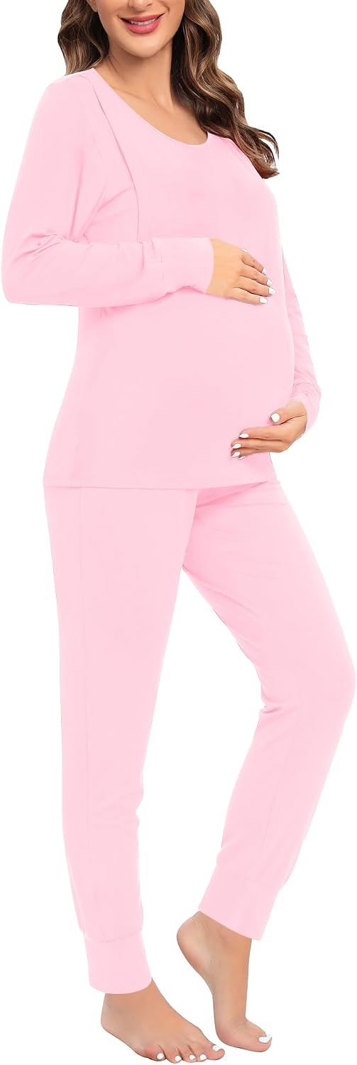 image:imageSWOMOG Women Maternity amp Nursing Thermal Underwear Set Postpartum Pajamas Breastfeeding Long Sleeve Base Layer Pregnant PjsPink