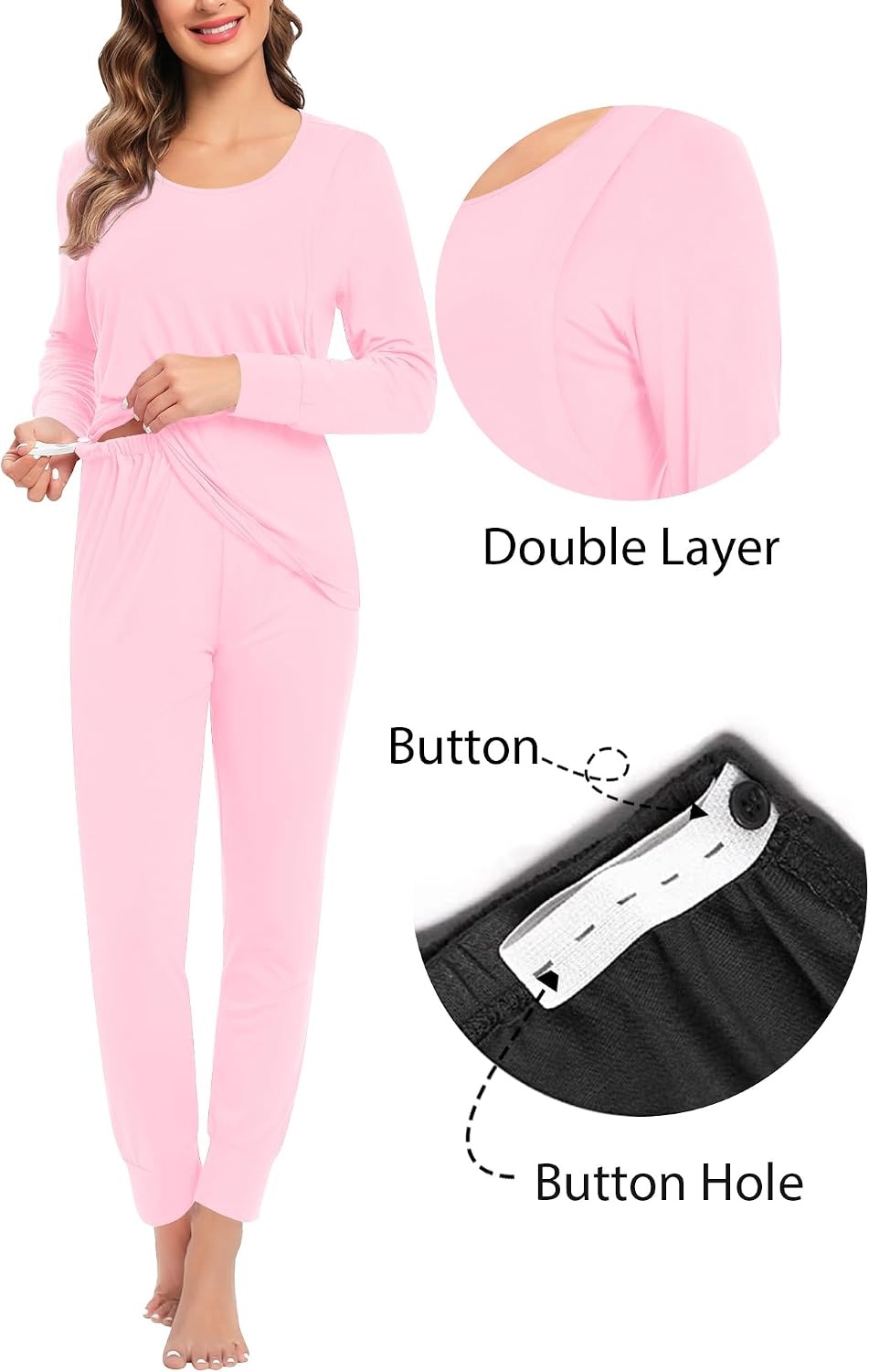 image:imageSWOMOG Women Maternity amp Nursing Thermal Underwear Set Postpartum Pajamas Breastfeeding Long Sleeve Base Layer Pregnant PjsPink