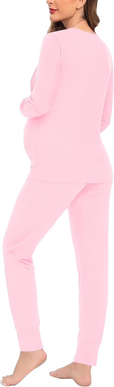 image:imageSWOMOG Women Maternity amp Nursing Thermal Underwear Set Postpartum Pajamas Breastfeeding Long Sleeve Base Layer Pregnant PjsPink