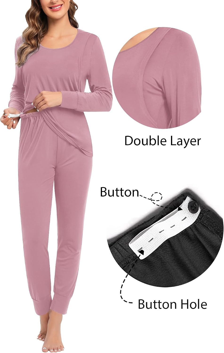 image:imageSWOMOG Women Maternity amp Nursing Thermal Underwear Set Postpartum Pajamas Breastfeeding Long Sleeve Base Layer Pregnant PjsTaro Puple