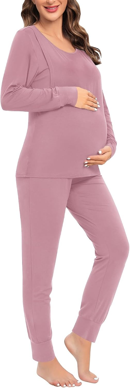 image:imageSWOMOG Women Maternity amp Nursing Thermal Underwear Set Postpartum Pajamas Breastfeeding Long Sleeve Base Layer Pregnant PjsTaro Puple