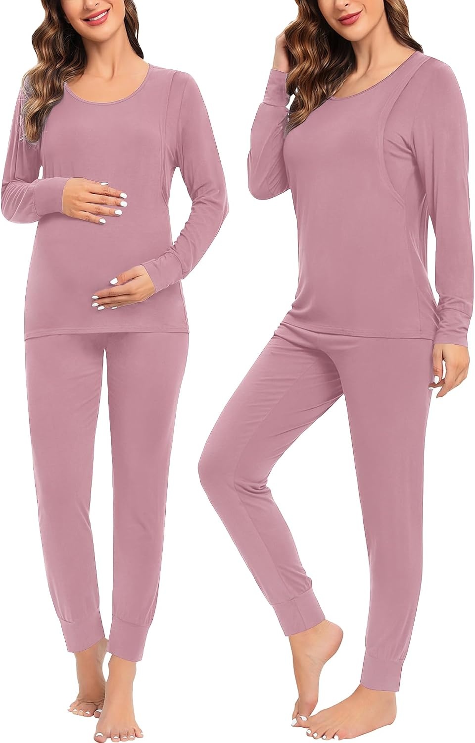 image:imageSWOMOG Women Maternity amp Nursing Thermal Underwear Set Postpartum Pajamas Breastfeeding Long Sleeve Base Layer Pregnant PjsTaro Puple