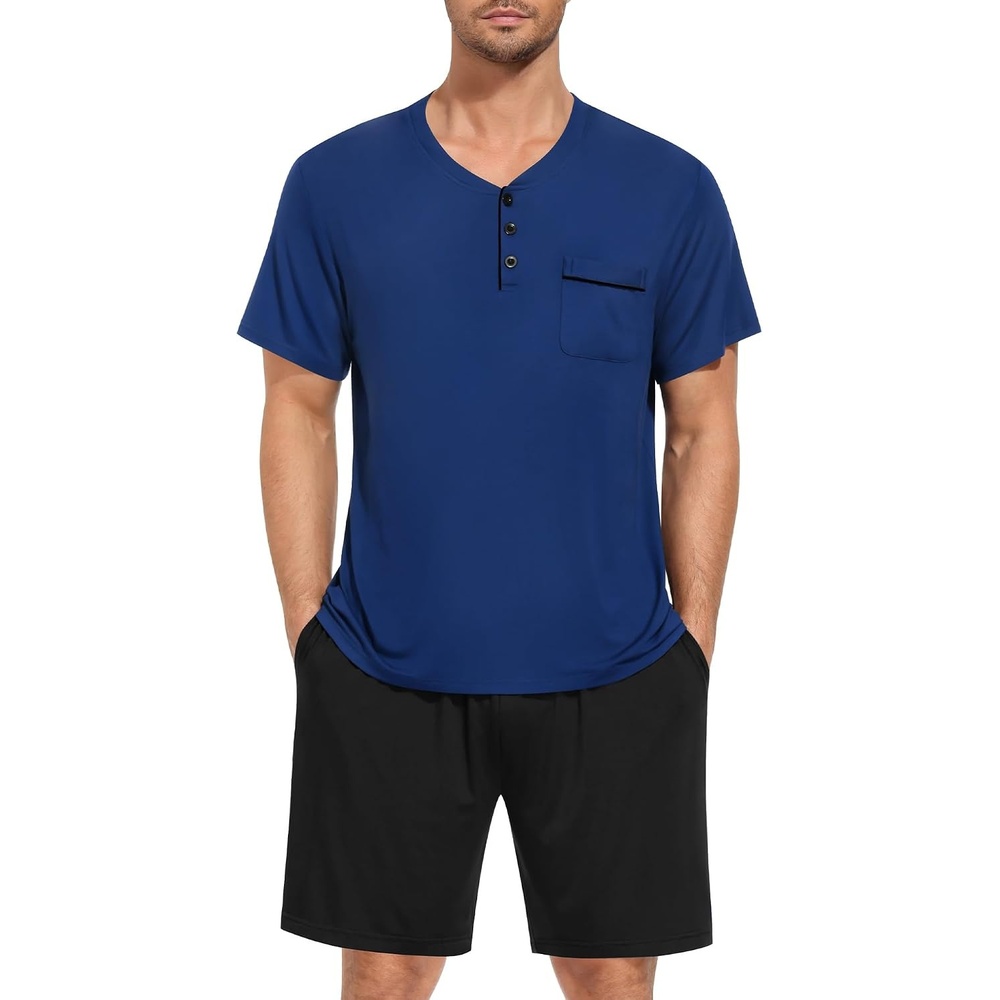 image:imageSWOMOG Mens Pajama Set Short Sleeve Pjs Set Soft Comfy Sleepwear Summer 2 Piece Loungewear Print With Pocket SXXLAnave Blue Black