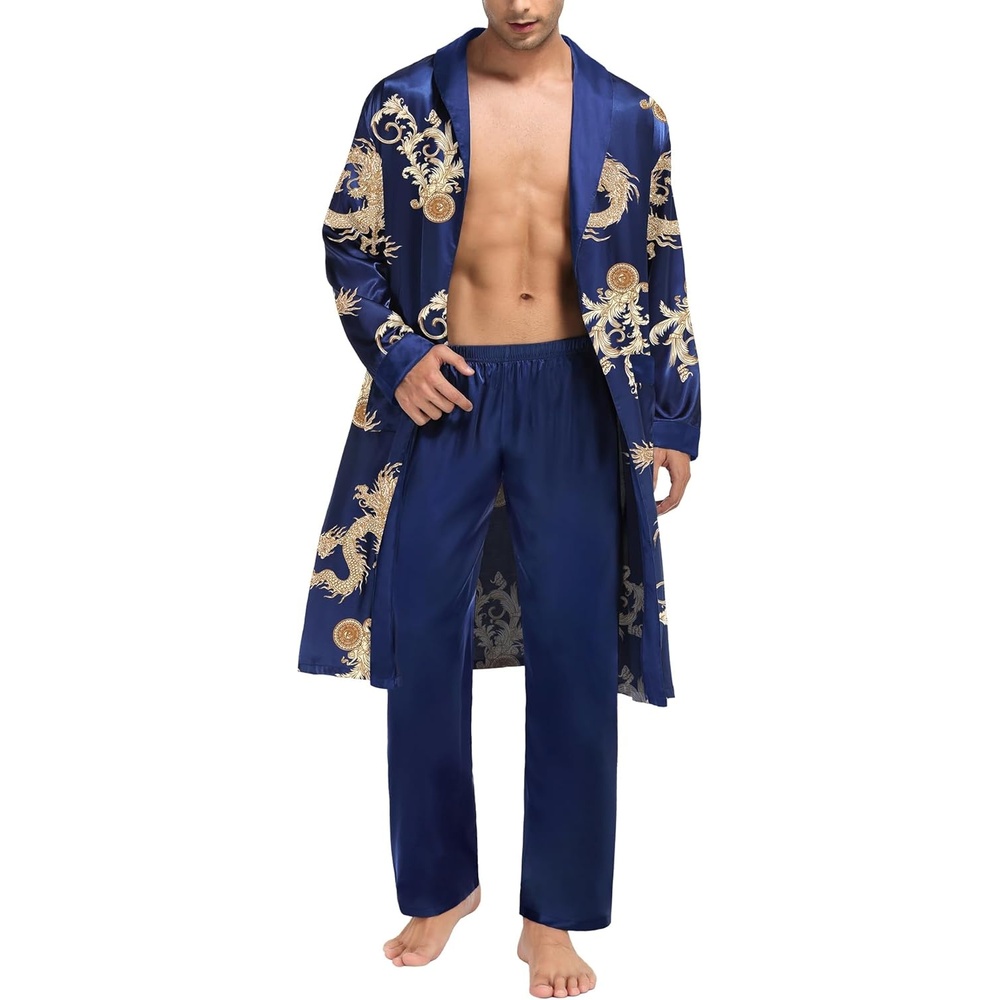 image:imageSWOMOG Mens Satin Robe with Pants Set Silky Kimono Bathrobe Lightweight Soft Sleepwear LoungewearBlue Dragon