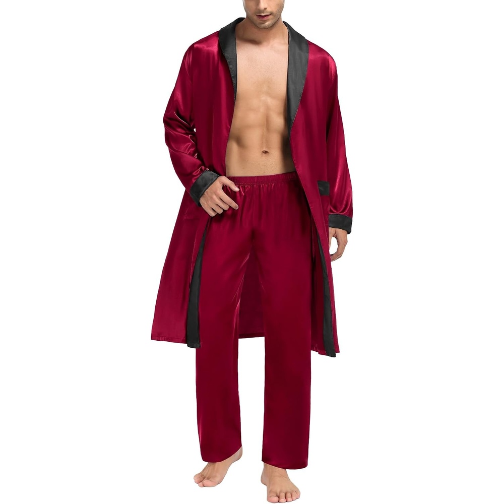 image:imageSWOMOG Mens Satin Robe with Pants Set Silky Kimono Bathrobe Lightweight Soft Sleepwear LoungewearDark Wine Red