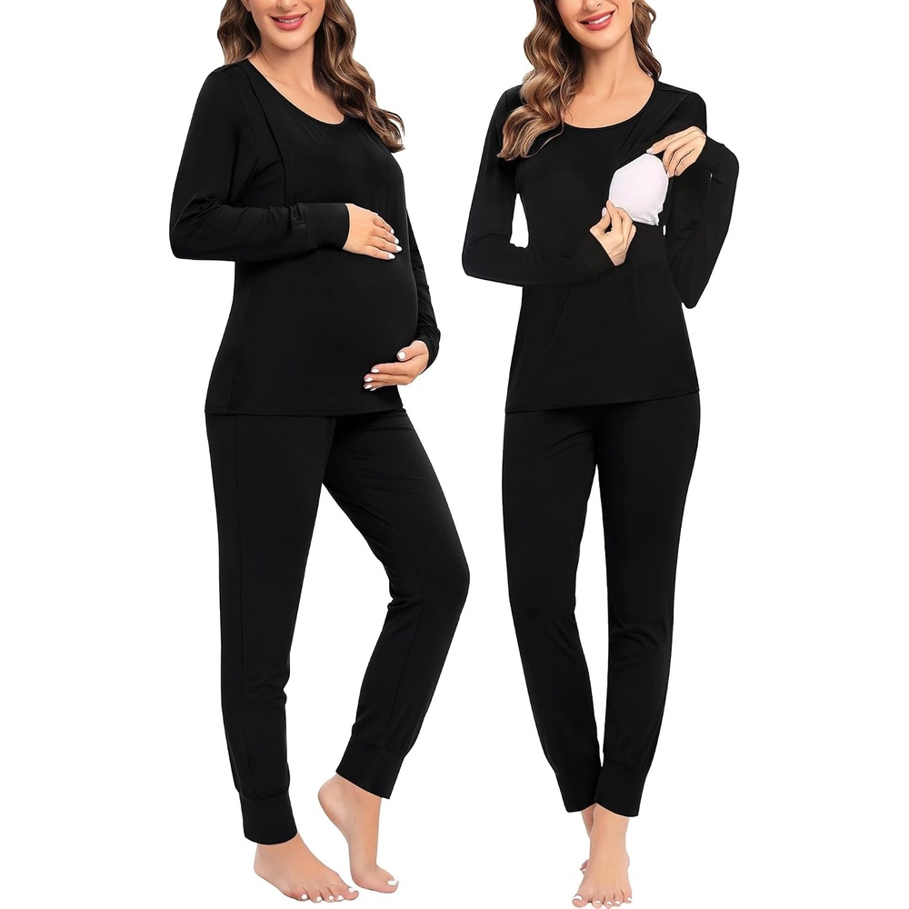image:imageSWOMOG Women Maternity amp Nursing Thermal Underwear Set Postpartum Pajamas Breastfeeding Long Sleeve Base Layer Pregnant PjsBlack
