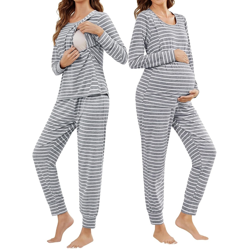 image:imageSWOMOG Women Maternity amp Nursing Thermal Underwear Set Postpartum Pajamas Breastfeeding Long Sleeve Base Layer Pregnant PjsGrey Stripe