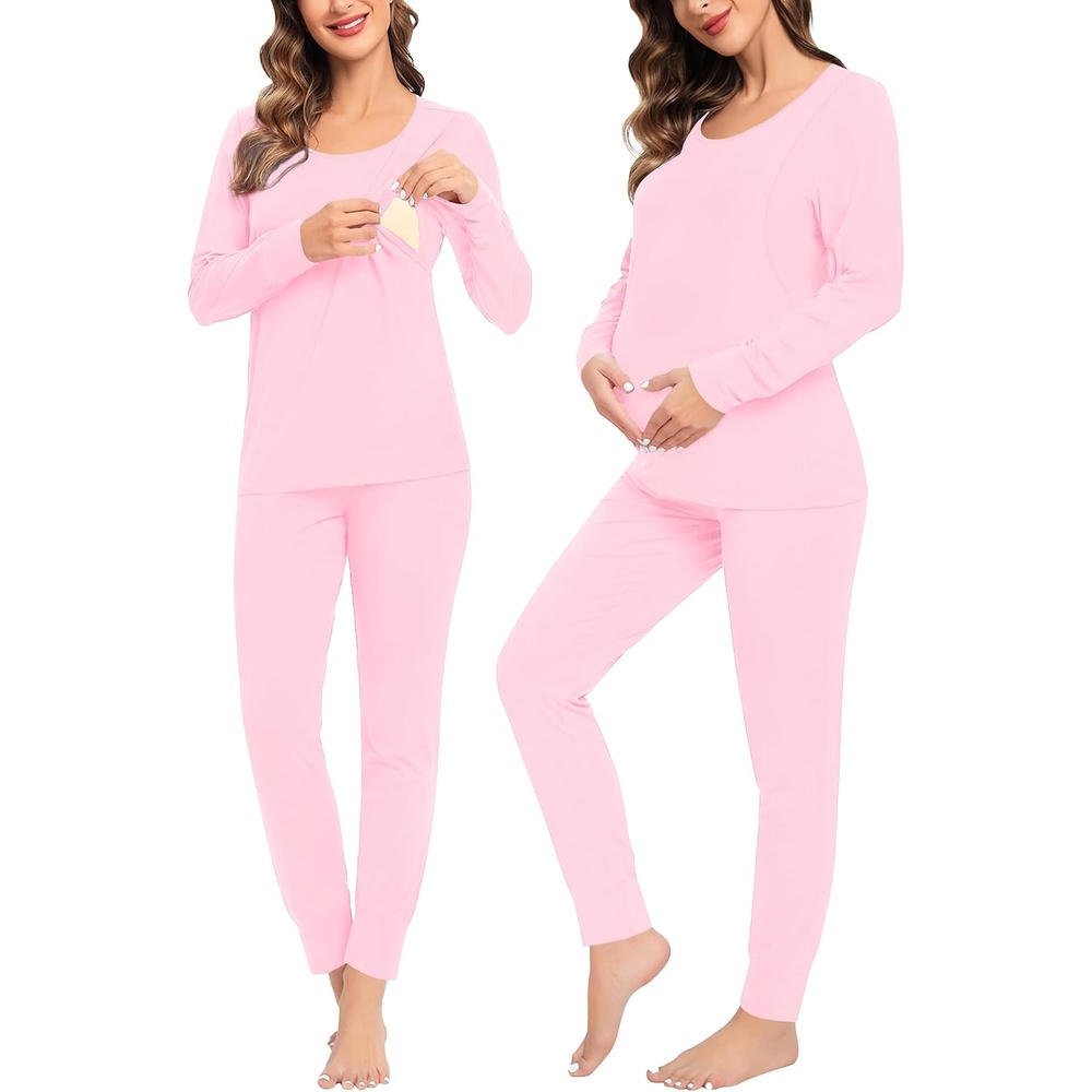 image:imageSWOMOG Women Maternity amp Nursing Thermal Underwear Set Postpartum Pajamas Breastfeeding Long Sleeve Base Layer Pregnant PjsPink