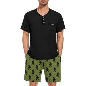SWOMOG Mens Pajama Set Short Sleeve Pjs Set Soft Comfy Sleepwear Summer 2 Piece Loungewear Print With Pocket S-XXL(A-black Army Green)