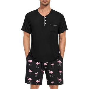SWOMOG Mens Pajama Set Short Sleeve Pjs Set Soft Comfy Sleepwear Summer 2 Piece Loungewear Print With Pocket S-XXL(A-black Pink Flamingos)
