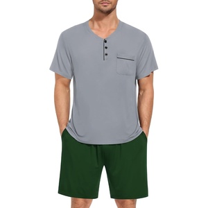 SWOMOG Mens Pajama Set Short Sleeve Pjs Set Soft Comfy Sleepwear Summer 2 Piece Loungewear Print With Pocket S-XXL(A-grey Army Green)
