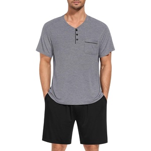 SWOMOG Mens Pajama Set Short Sleeve Pjs Set Soft Comfy Sleepwear Summer 2 Piece Loungewear Print With Pocket S-XXL(A-grey Black)