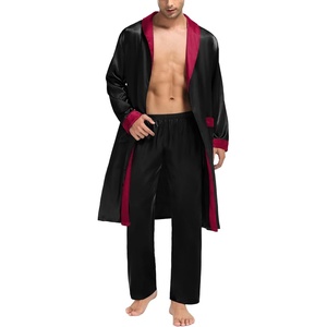 SWOMOG Men’s Satin Robe with Pants Set Silky Kimono Bathrobe Lightweight Soft Sleepwear Loungewear(Black)