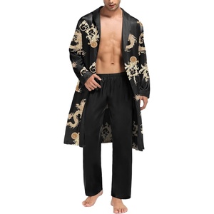 SWOMOG Men’s Satin Robe with Pants Set Silky Kimono Bathrobe Lightweight Soft Sleepwear Loungewear(Black Dragon)