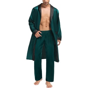 SWOMOG Men’s Satin Robe with Pants Set Silky Kimono Bathrobe Lightweight Soft Sleepwear Loungewear(Dark Green)