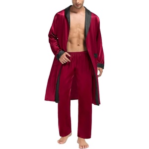 SWOMOG Men’s Satin Robe with Pants Set Silky Kimono Bathrobe Lightweight Soft Sleepwear Loungewear(Dark Wine Red)