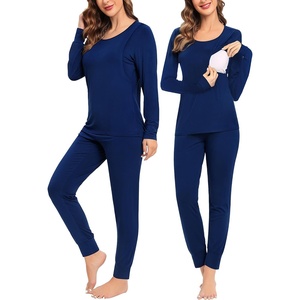 SWOMOG Women Maternity & Nursing Thermal Underwear Set Postpartum Pajamas Breastfeeding Long Sleeve Base Layer Pregnant Pjs(Navy Blue)