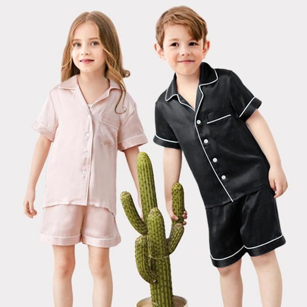 image:imageSWOMOG Unisex Kids Silk Satin Pajamas Sets Girls Boys Pjs Set ButtonDown Sleepwear Short Sleeve Nightwear 2 PieceBlack