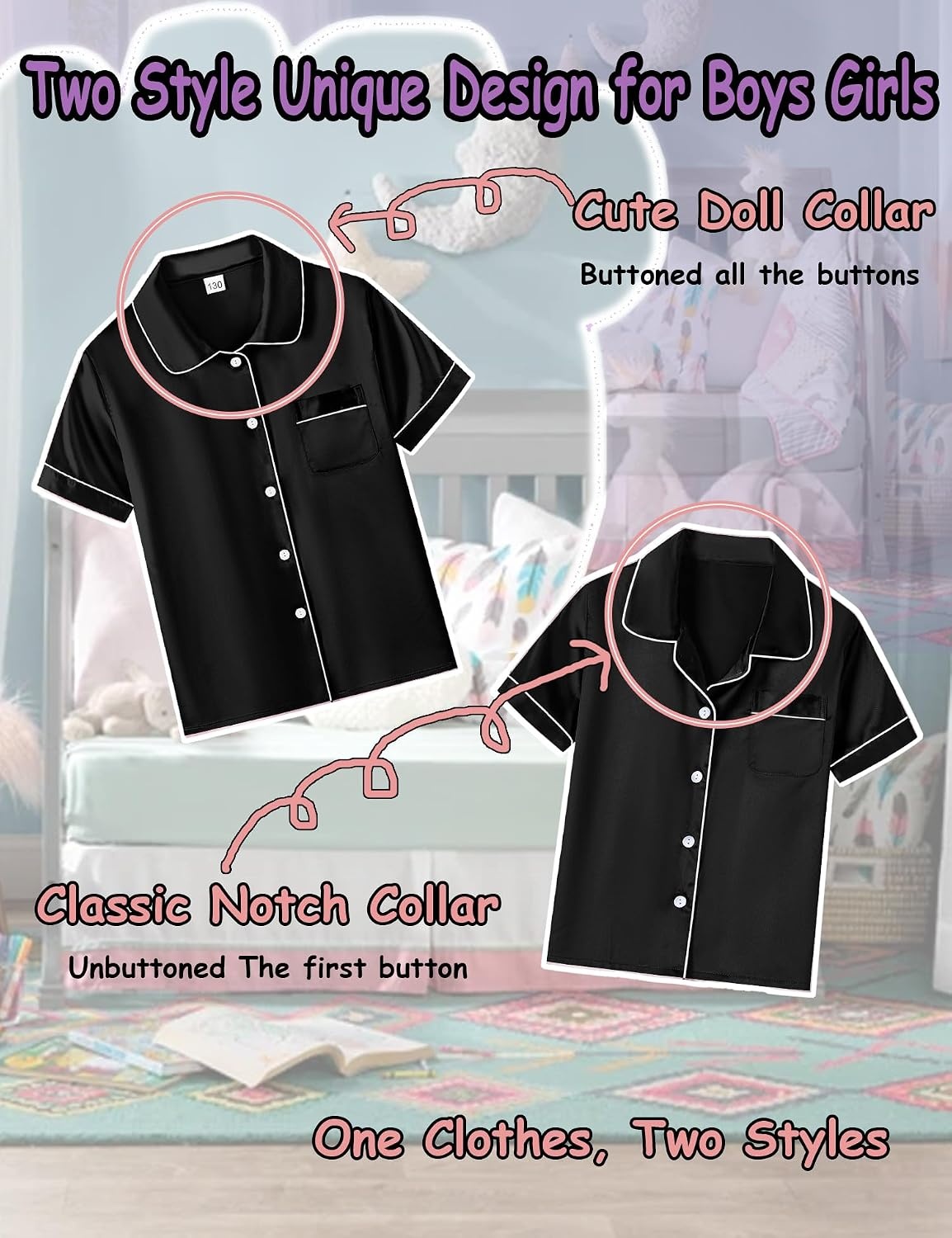 image:imageSWOMOG Unisex Kids Silk Satin Pajamas Sets Girls Boys Pjs Set ButtonDown Sleepwear Short Sleeve Nightwear 2 PieceBlack