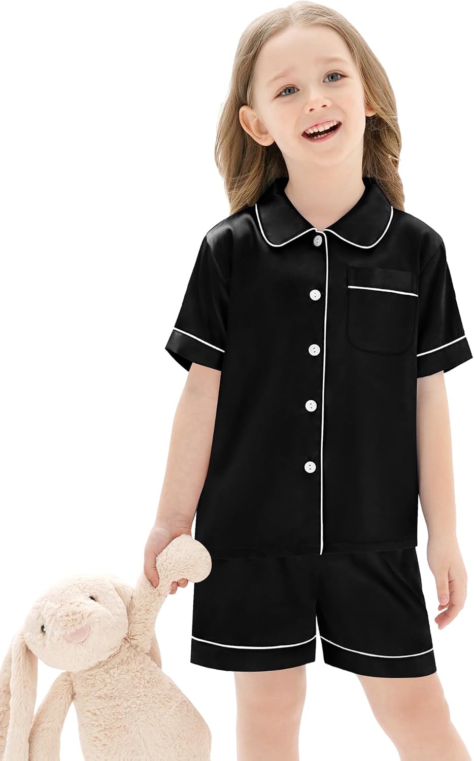 image:imageSWOMOG Unisex Kids Silk Satin Pajamas Sets Girls Boys Pjs Set ButtonDown Sleepwear Short Sleeve Nightwear 2 PieceBlack